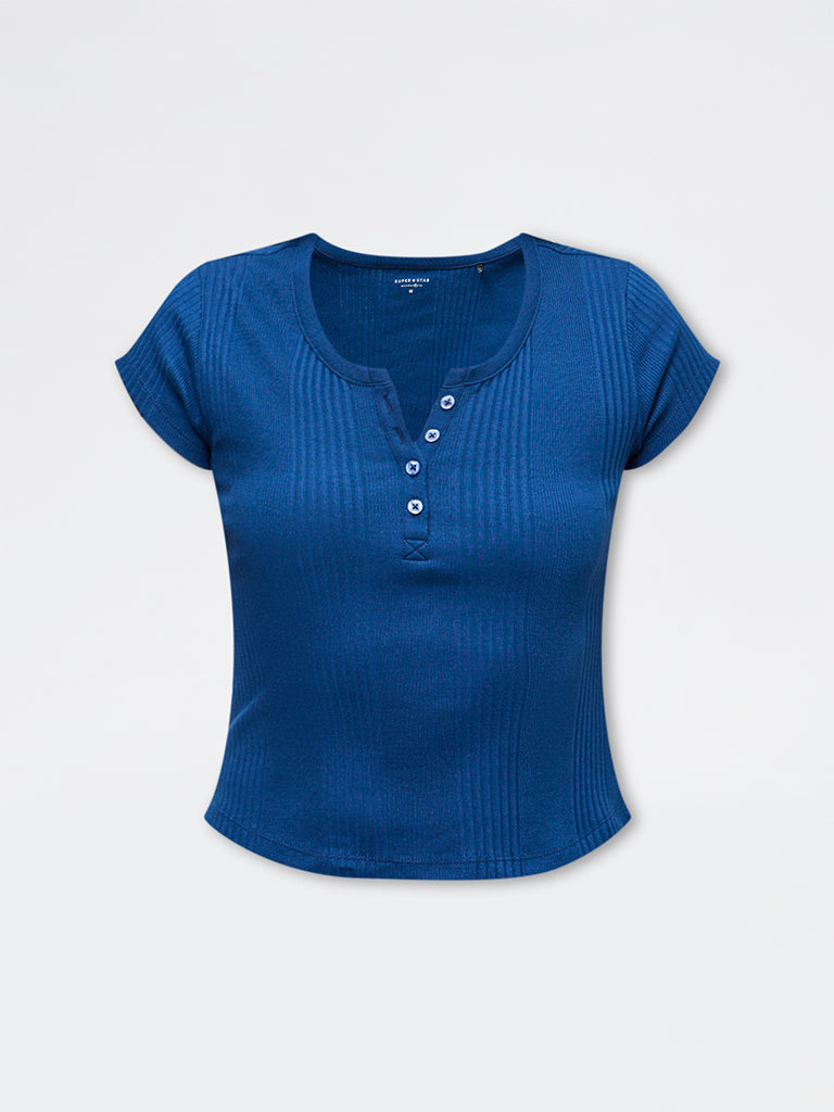 Superstar Blue Self-Striped Cotton-Blend Top