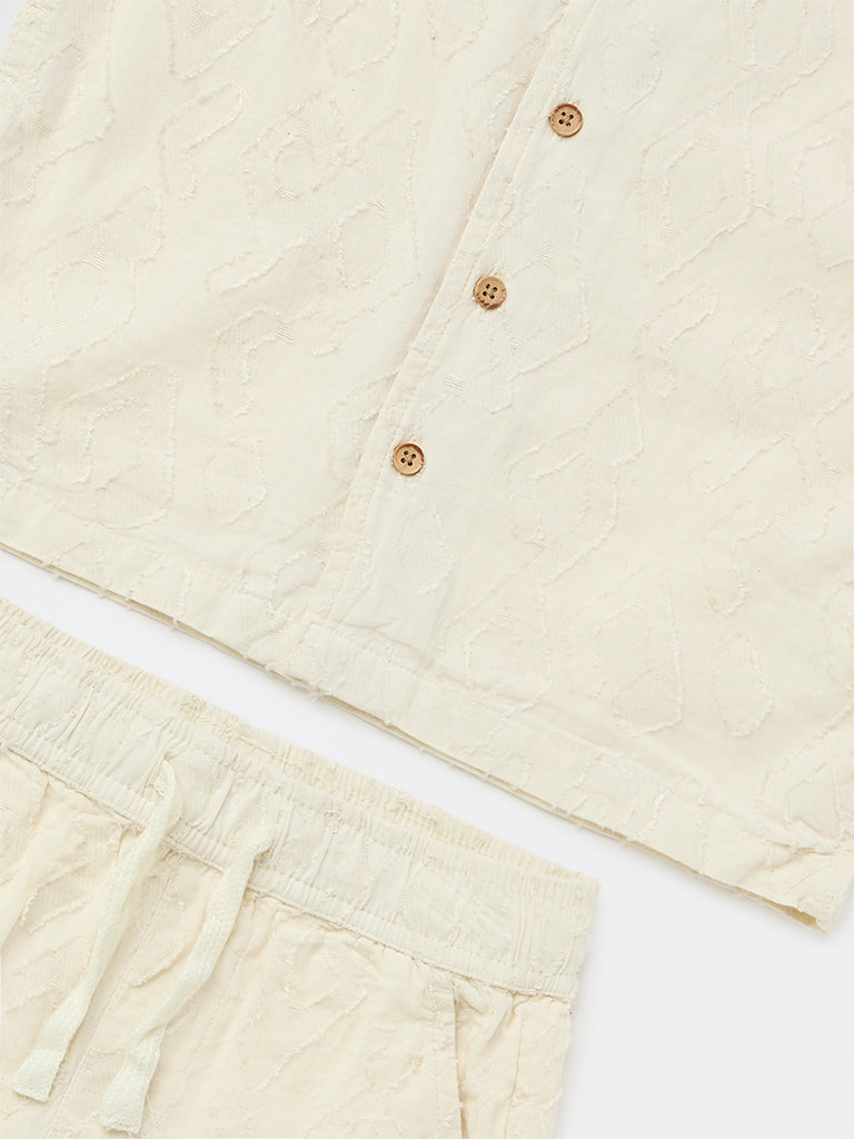 HOP Kids Boys Off-White Cotton Shirt with Shorts Set