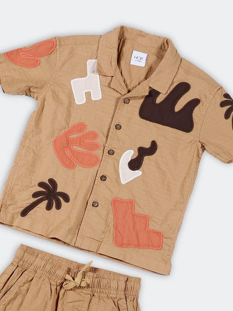 HOP Kids Boys Light Taupe Applique Cotton Shirt and Shorts Set