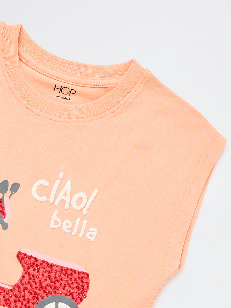 HOP Kids Girls Coral Graphic Design Cotton T-Shirt