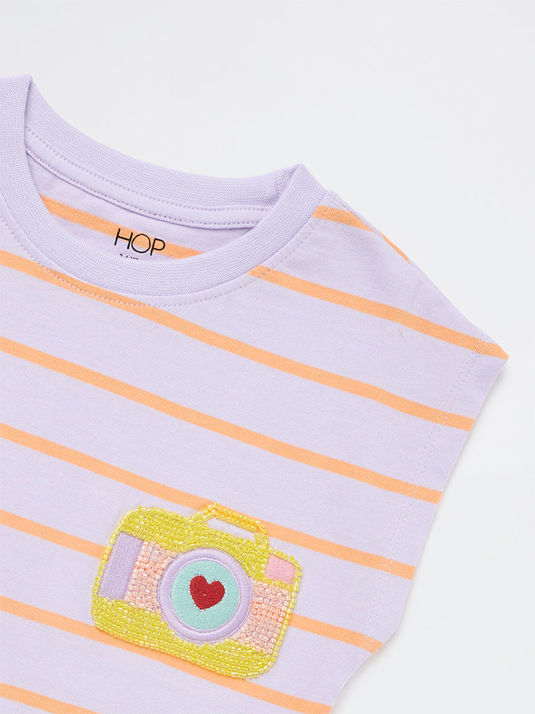 HOP Kids Girls Lilac Striped Cotton T-Shirt