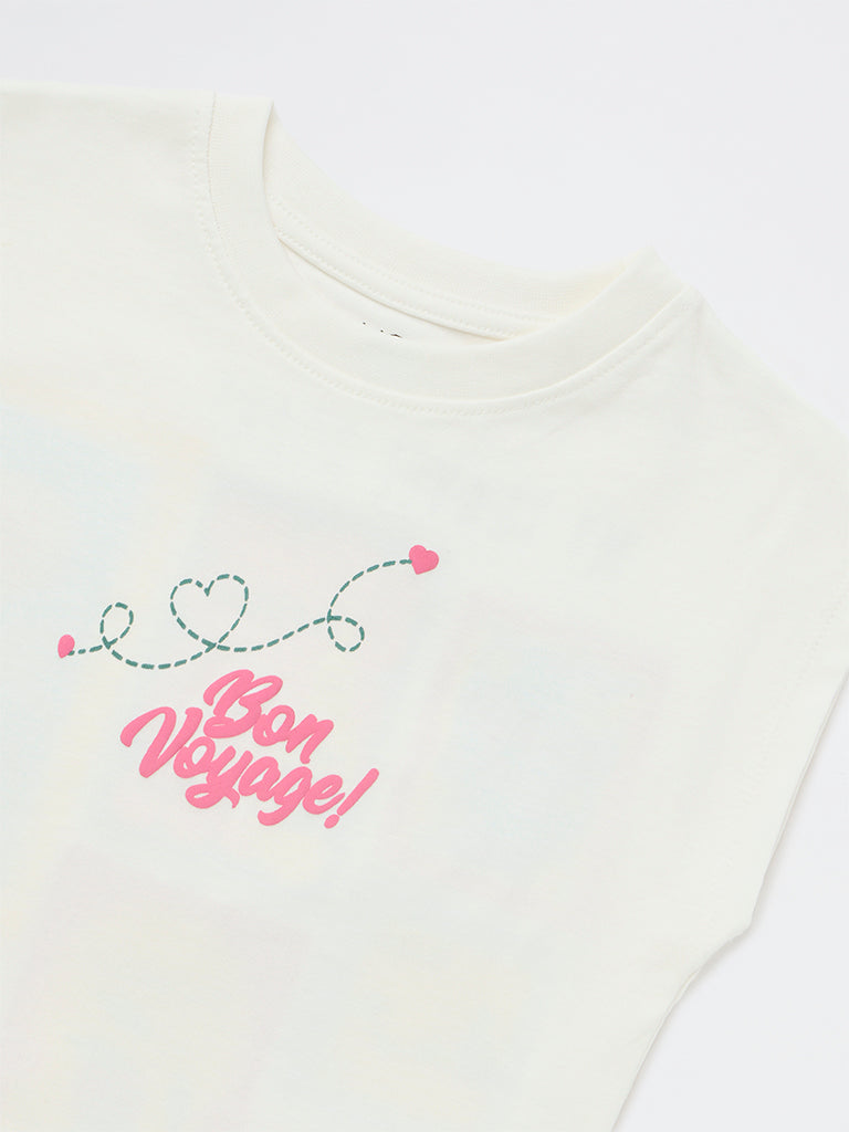HOP Kids Girls Off-White Graphic Printed Cotton T-Shirt