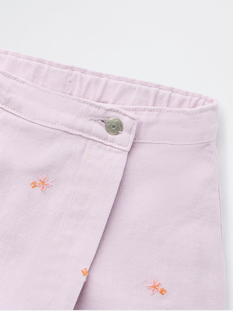 HOP Kids Girls Lilac Embroidered High-Rise Denim Skorts