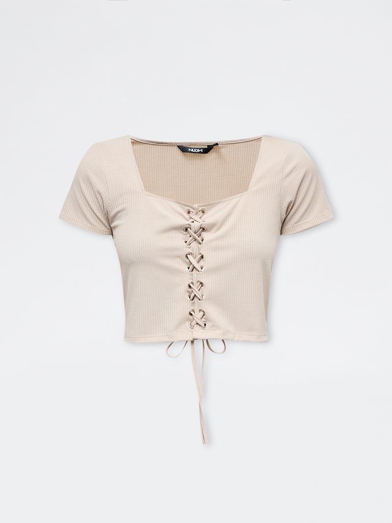 Nuon Beige Self-Striped Criss-Cross Detailed Cotton Top