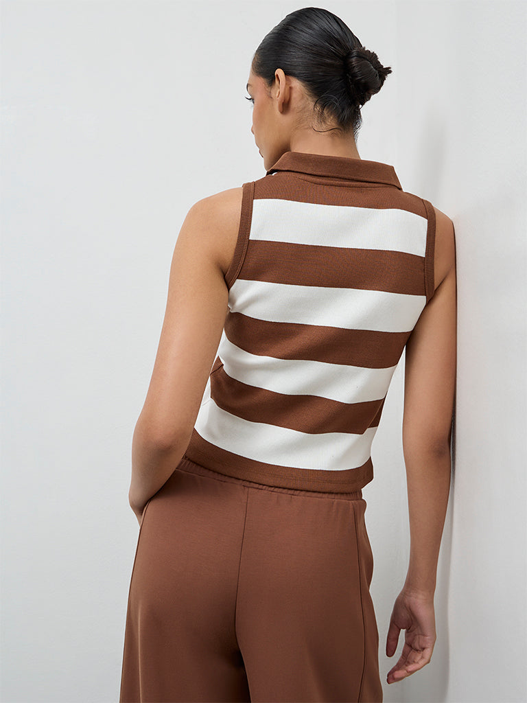 Nuoflexx Brown Striped Cotton-Blend Top