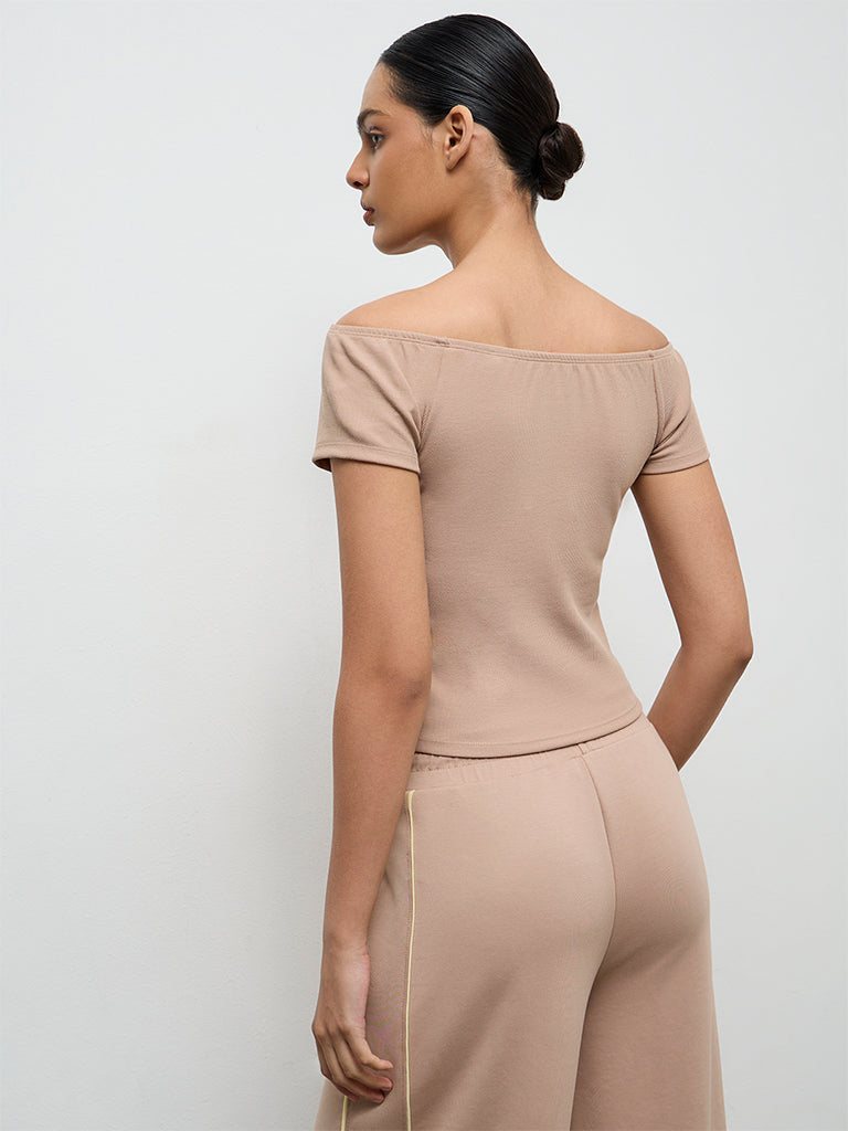 Nuoflexx Beige Ribbed Off-Shoulder Top