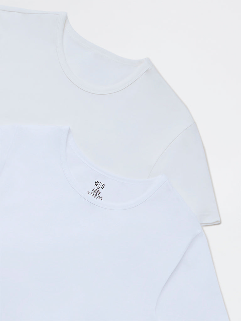 WES Lounge White Solid Cotton Vests - Pack of 2