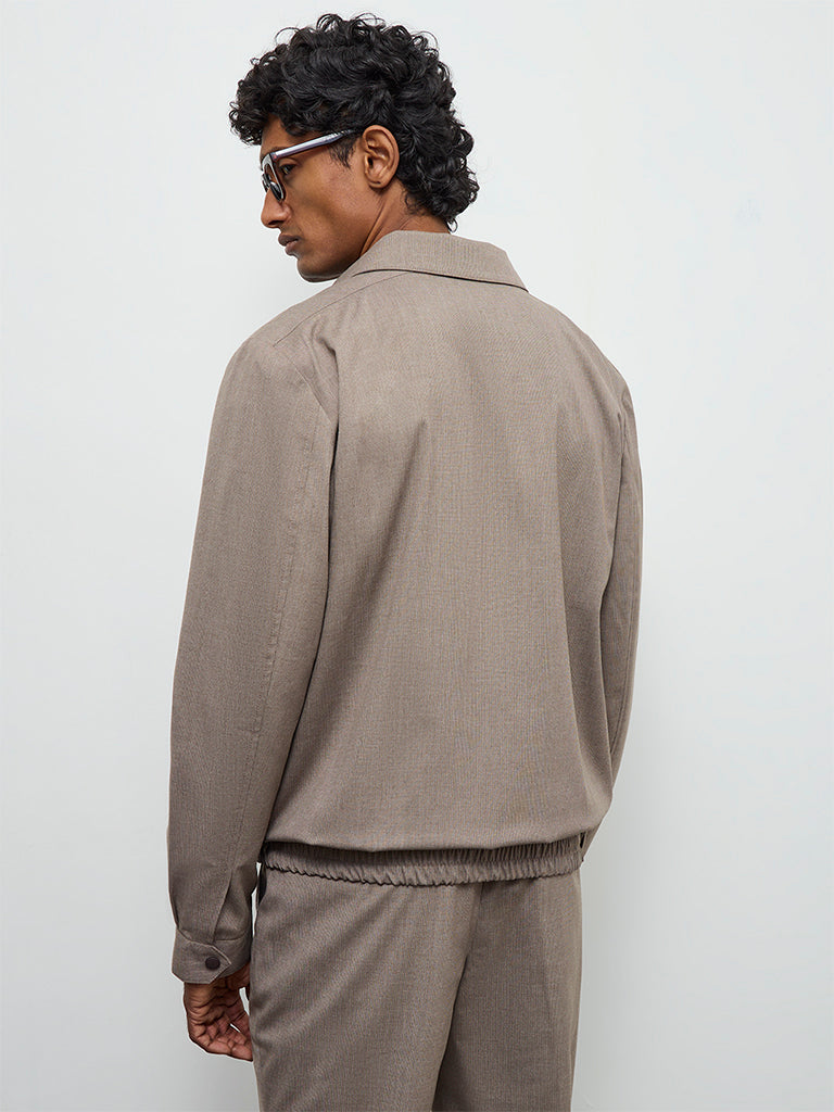 WES Formals Taupe Solid Slim-Fit Cotton Jacket