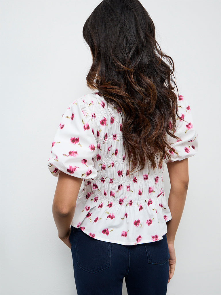 LOV White Printed Smocked Cotton Blouse