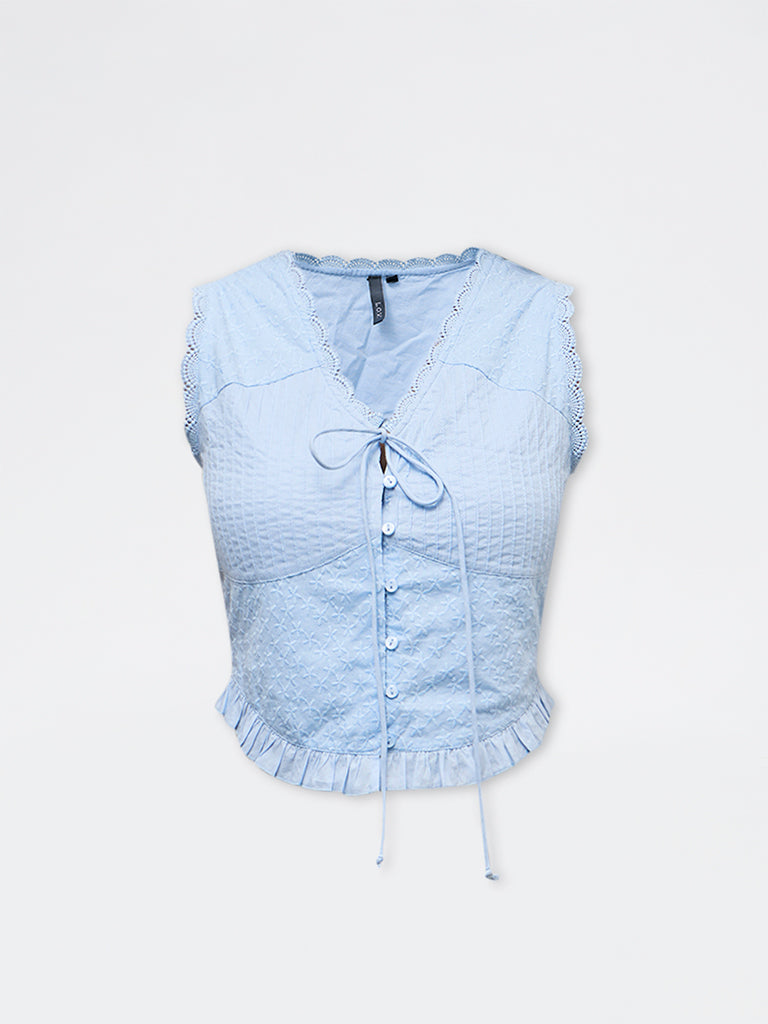 LOV Blue Embroidered Cotton Crop Top