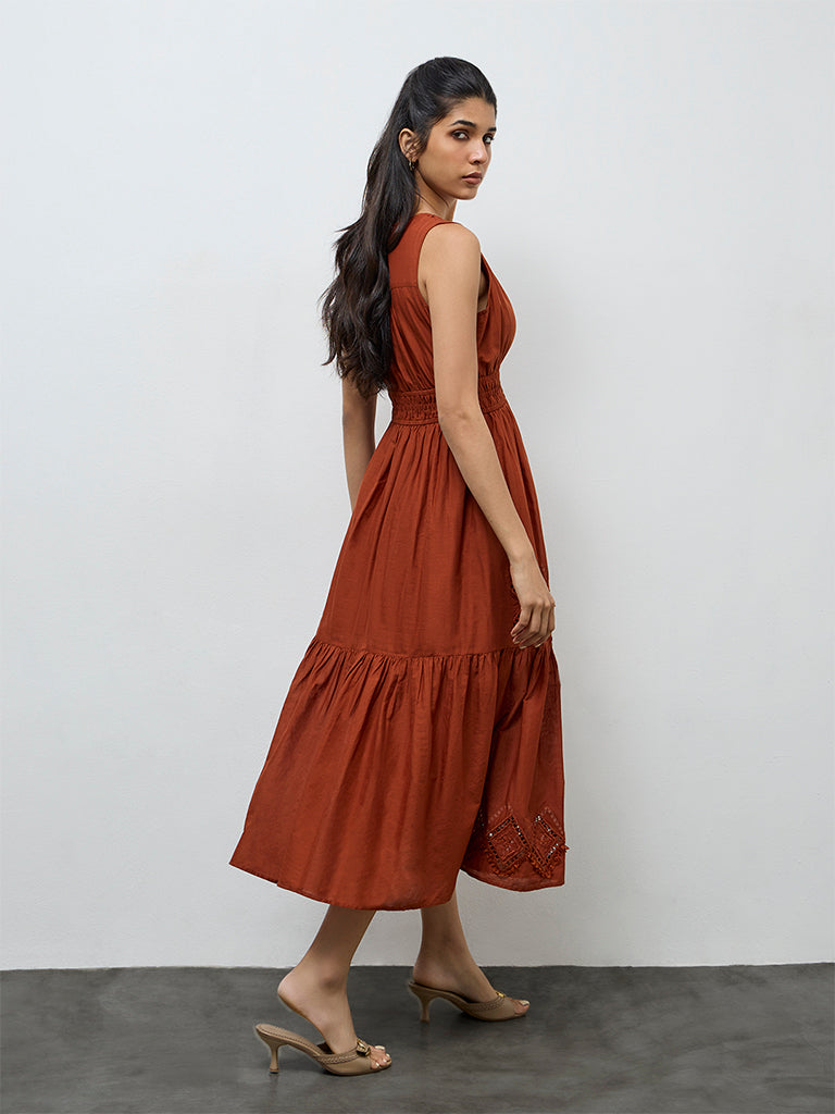 LOV Rust Embroidered Cotton A-Line Dress