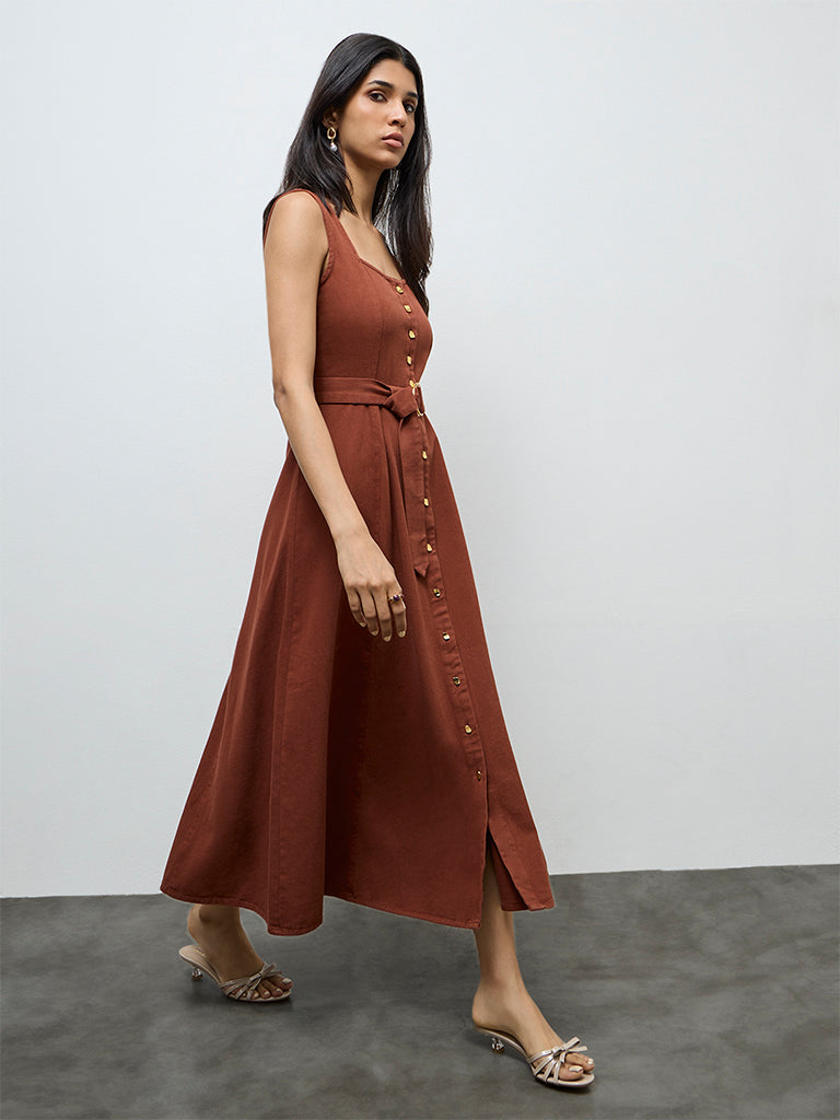 Buy LOV Brown Denim A-Line Dress from Westside Buy LOV Brown Denim A-Line Dress from Westside