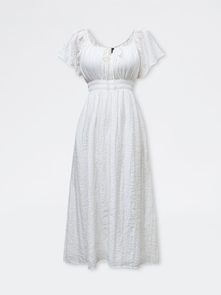 LOV White Self-Textured A-Line Dress