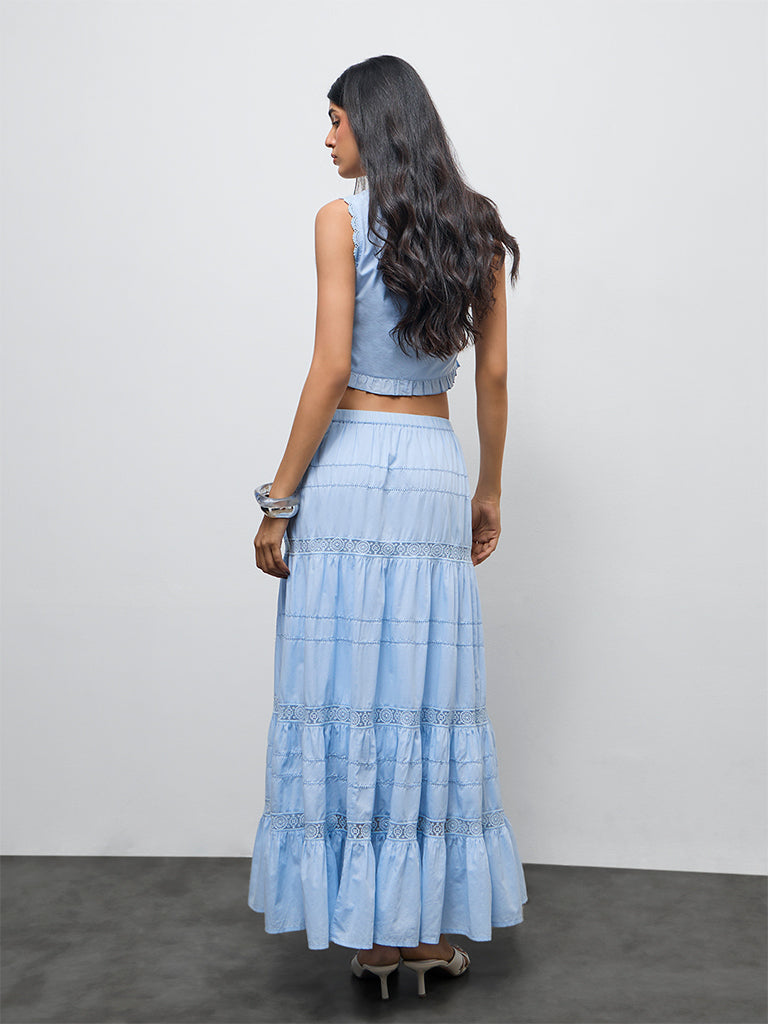 LOV Blue Lace Detailed High-Rise Cotton Tiered Skirt