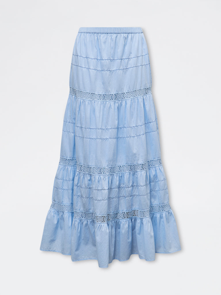 LOV Blue Lace Detailed High-Rise Cotton Tiered Skirt