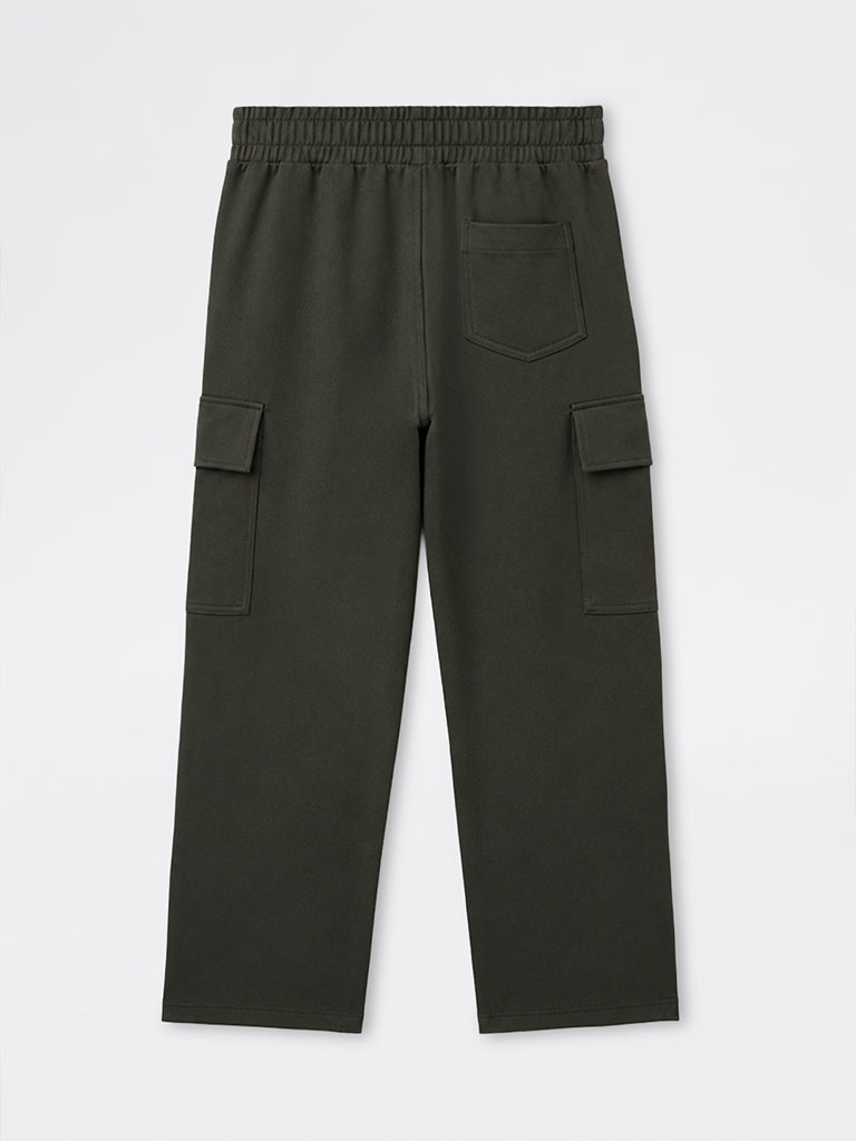 WES Casuals Olive Relaxed-Fit Mid-Rise Cotton-Blend Cargo Pants