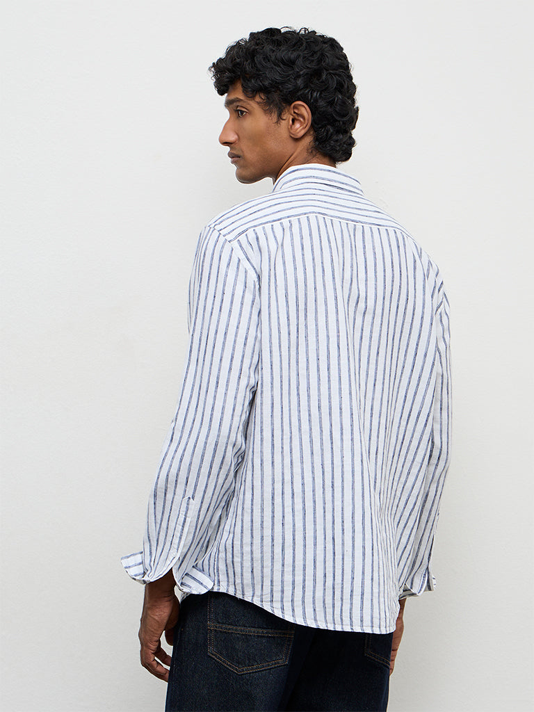 WES Casuals Blue Striped Relaxed-Fit Cotton-Blend Shirt