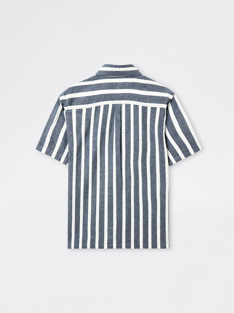 WES Casuals Navy Striped Relaxed Fit Cotton Shirt