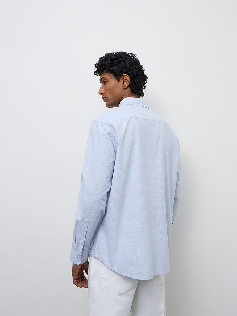 WES Casuals Light Blue Checkered Relaxed-Fit Cotton Shirt