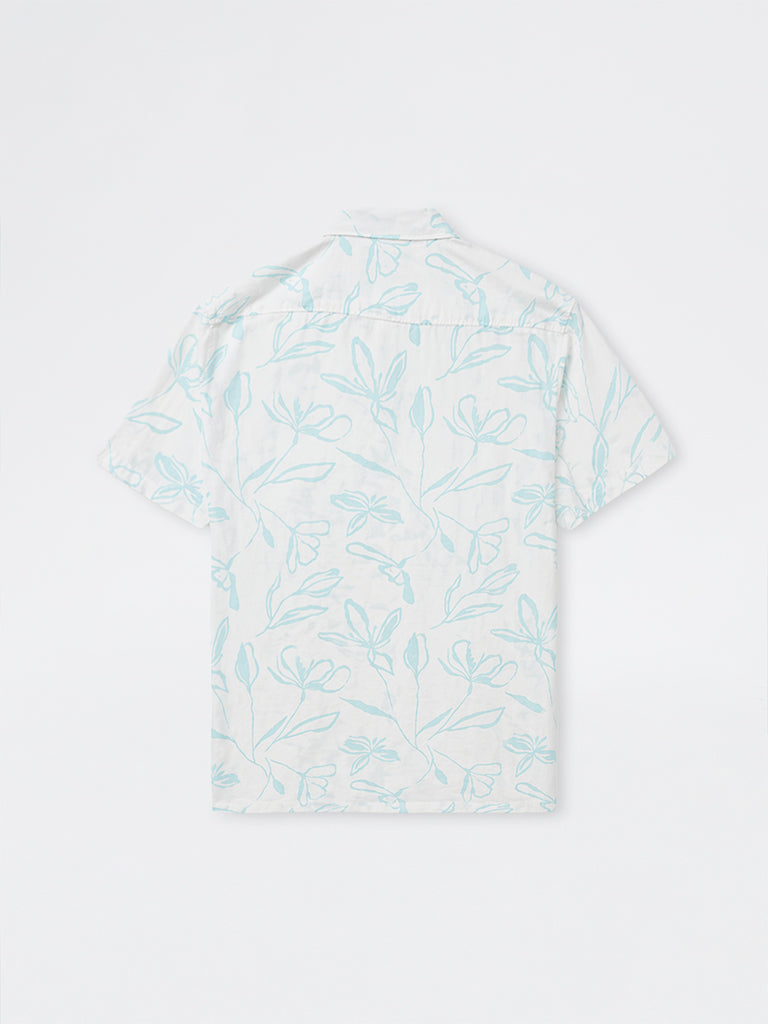 WES Casuals White Printed Relaxed-Fit Cotton-Blend Shirt