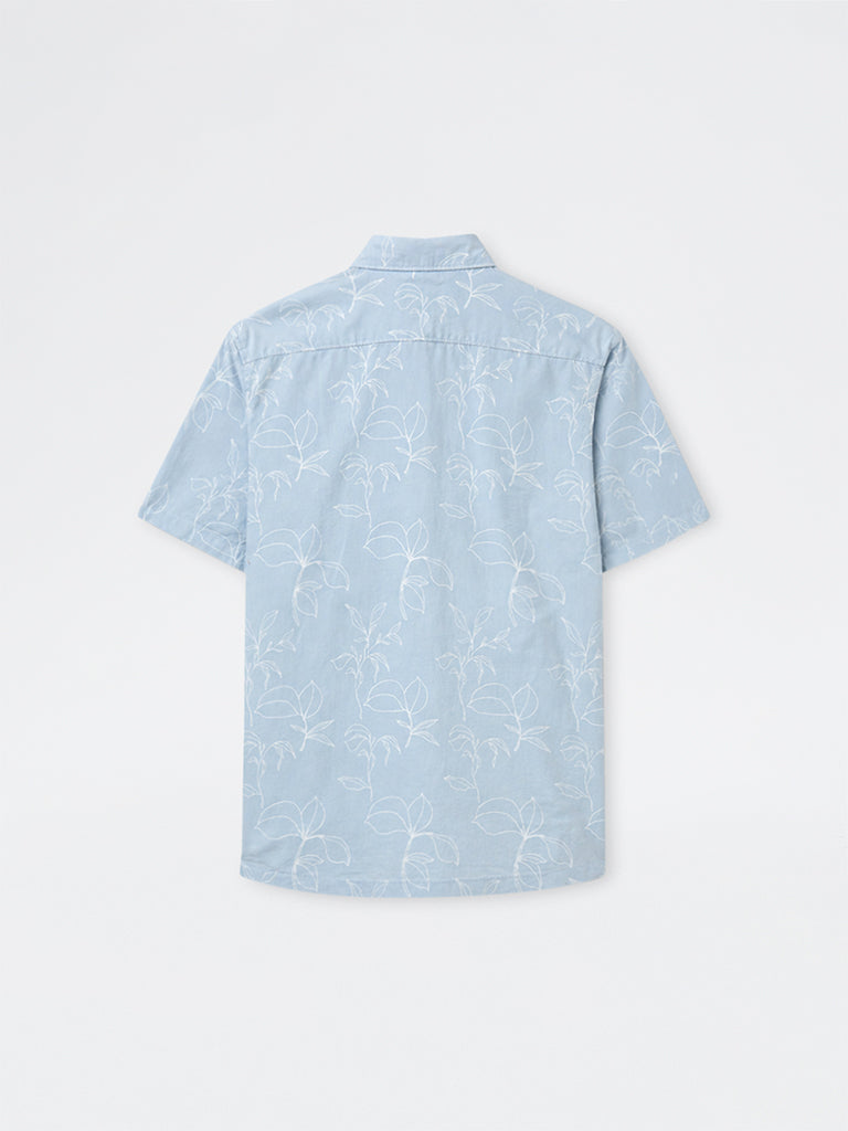 WES Casuals Light Blue Botanical Design Relaxed-Fit Cotton-Blend Shirt