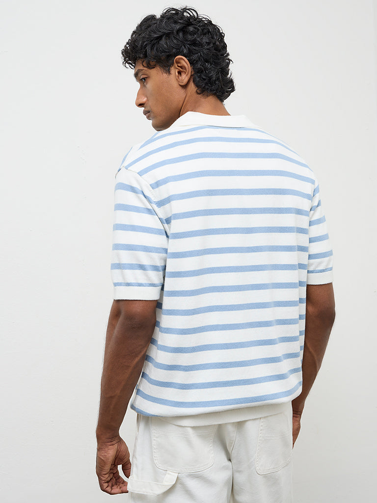 WES Casuals Light Blue Striped Relaxed-Fit Cotton T-Shirt