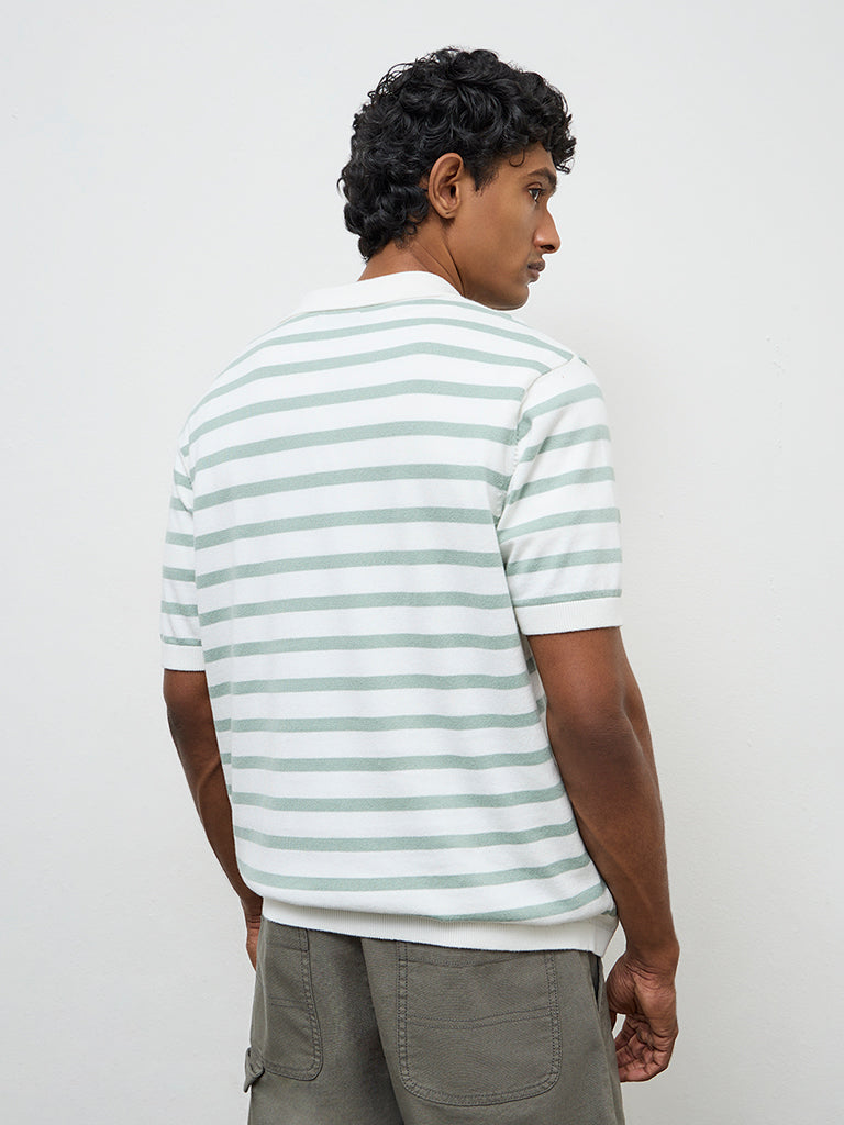 WES Casuals Light Green Striped Relaxed-Fit Cotton T-Shirt
