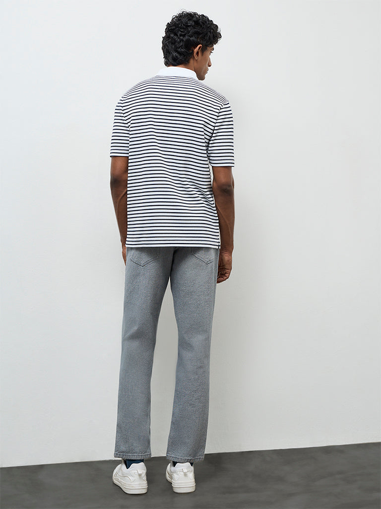 WES Casuals Off-White Striped Relaxed-Fit Polo T-Shirt