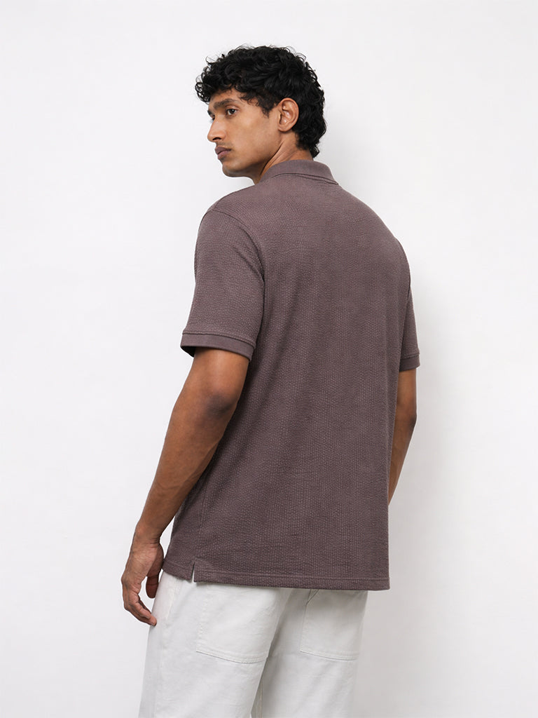WES Casuals Brown Seersucker Textured Relaxed-Fit Cotton-Blend Polo T-Shirt