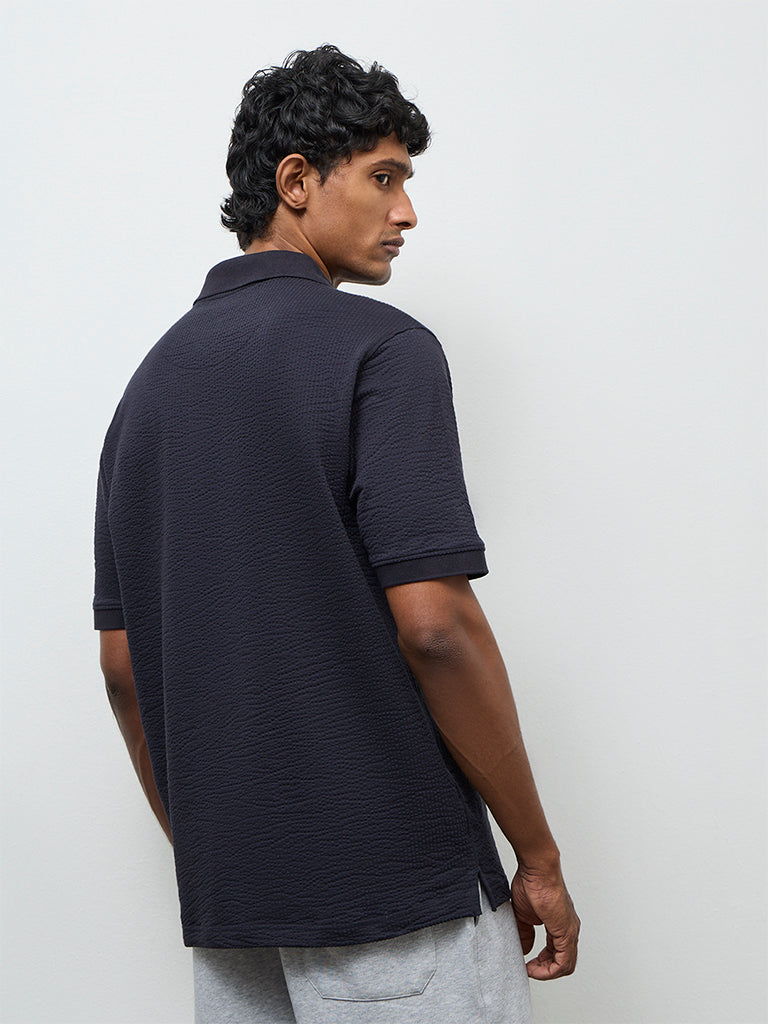 WES Casuals Navy Textured Relaxed Fit Polo T-Shirt