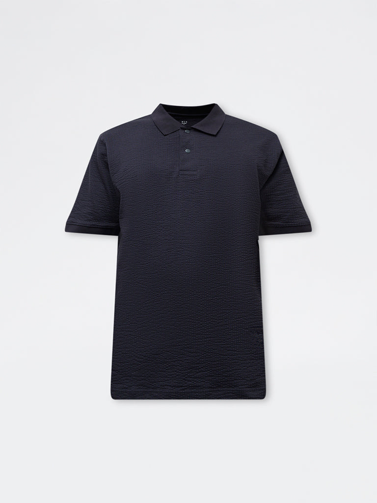 WES Casuals Navy Textured Relaxed Fit Polo T-Shirt