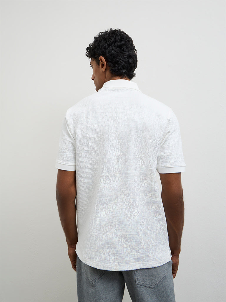 WES Casuals White Textured Relaxed-Fit Polo T-Shirt