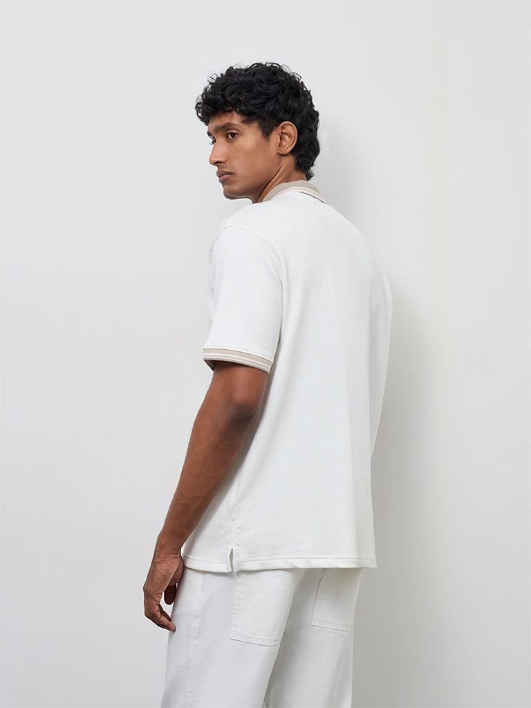 WES Casuals Off-White Relaxed-Fit Cotton-Blend Quarter-Zip Polo T-Shirt