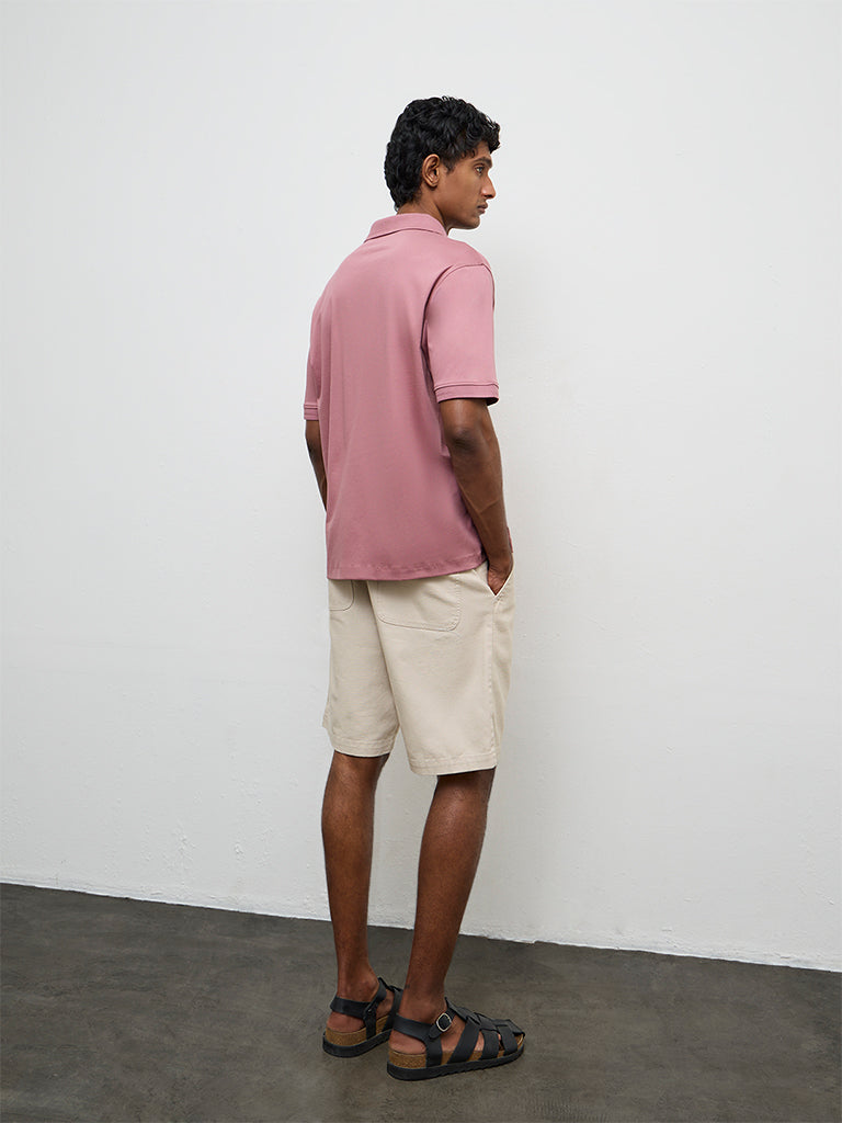 WES Casuals Mauve Relaxed-Fit Cotton Polo T-Shirt