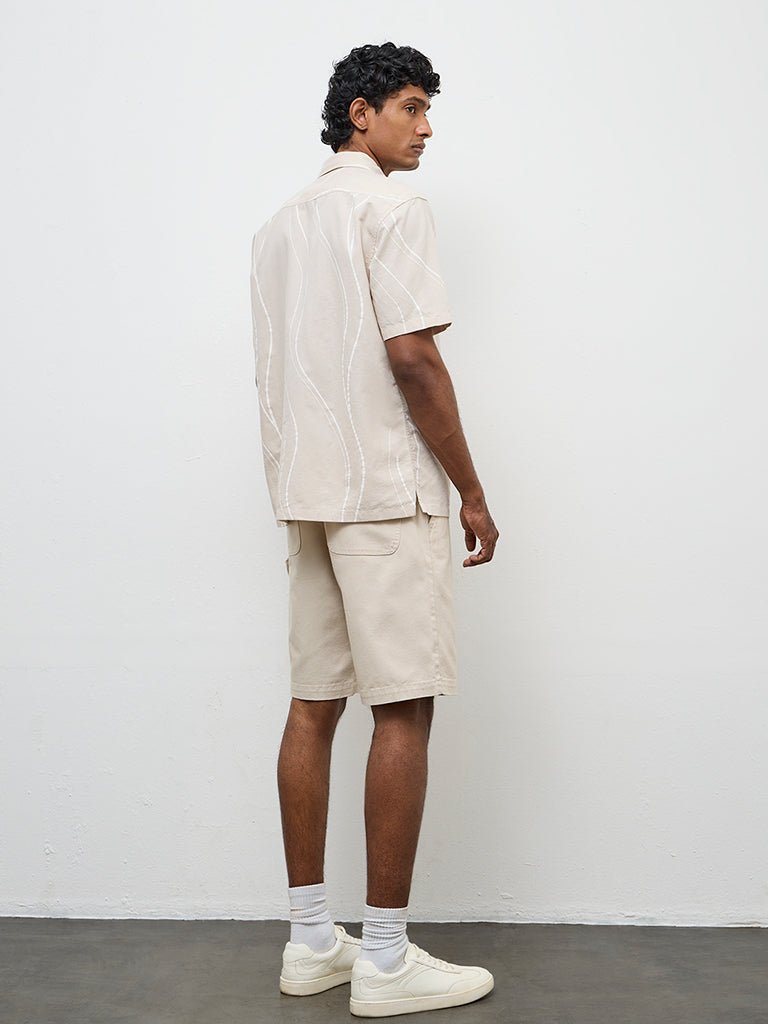 WES Casuals Light Beige Relaxed-Fit Mid-Rise Canvas Carpenter Shorts