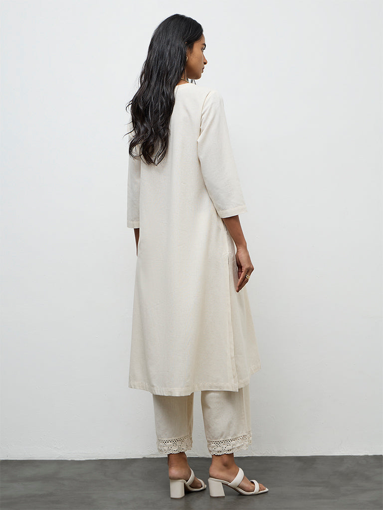 Utsa Off-White Floral Embroidered A-Line Cotton-Blend Kurta