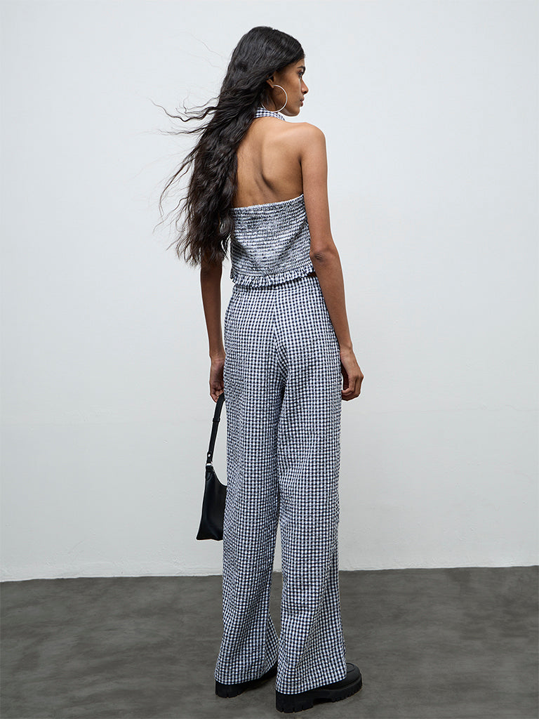 Nuon Navy Checks Printed High-Rise Pants