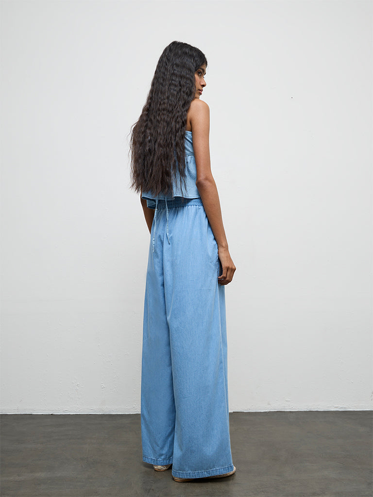 Nuon Blue Solid High-Rise Cotton-Blend Pants