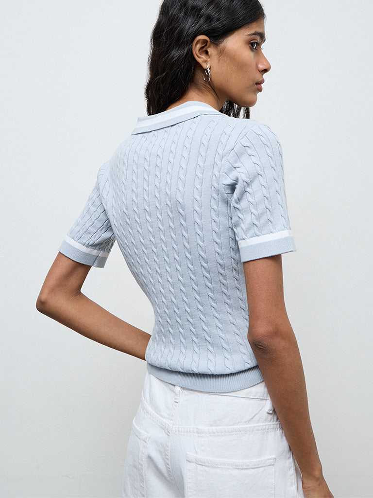 Nuon Light Blue Cable-Knit Cotton T-Shirt