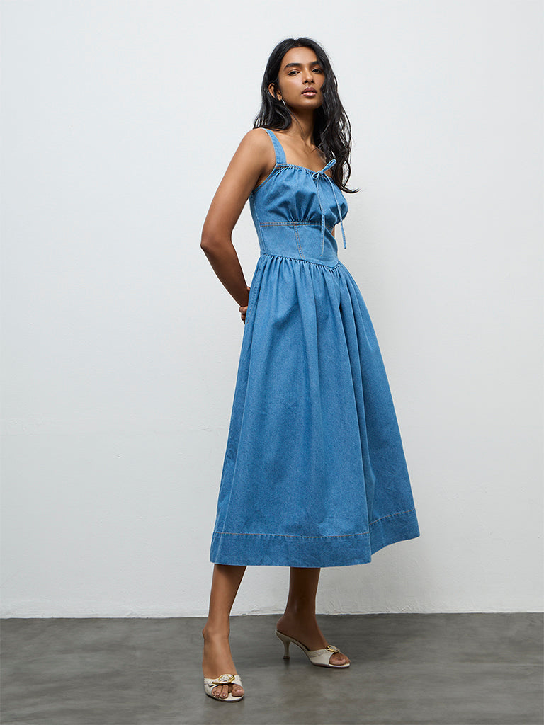 Buy LOV Blue Solid Denim A-Line Dress from Westside