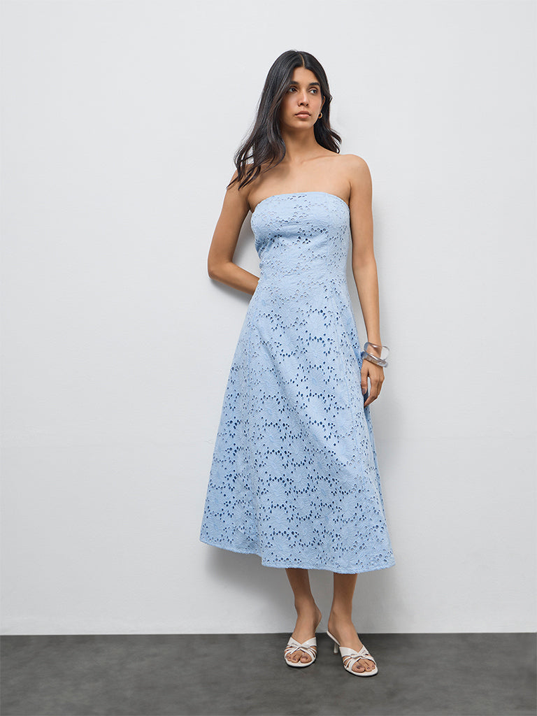 Buy LOV Blue Schiffli Embroidered Off-Shoulder Cotton A-Line Dress from  Westside