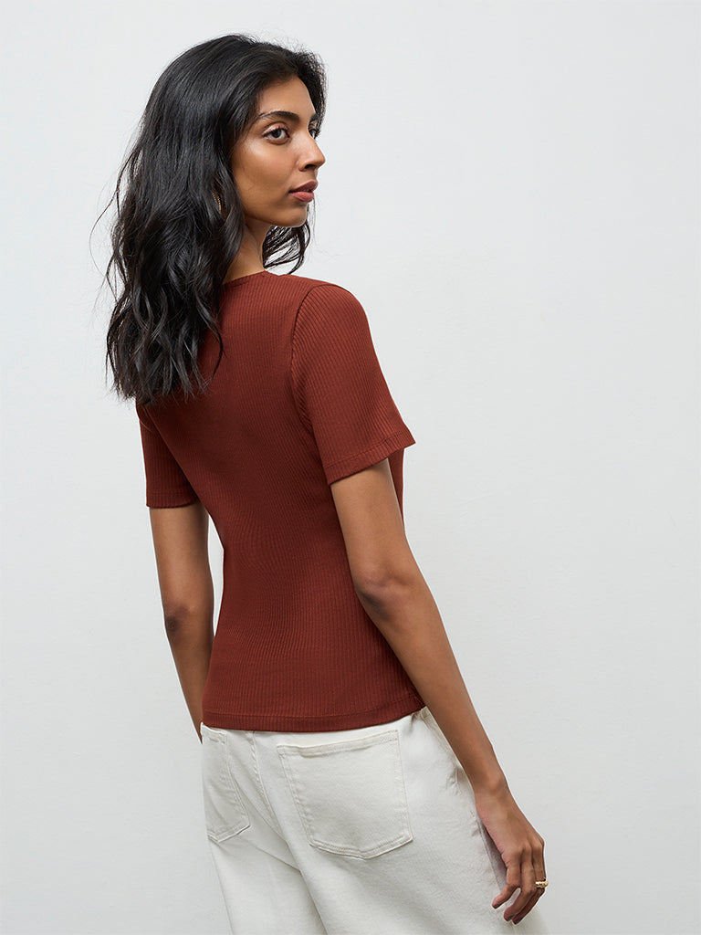 LOV Rust Lace-Detailed Cotton-Blend Top