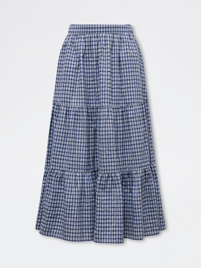 LOV Navy Checkered High-Rise Cotton-Blend Skirt