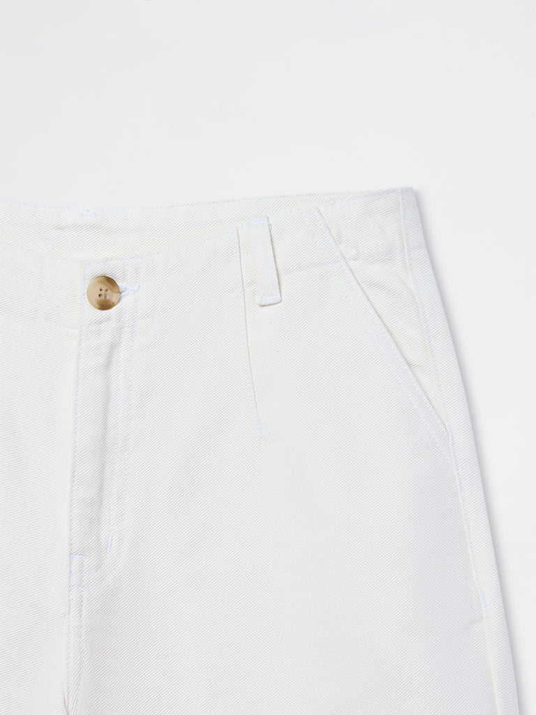 LOV Off-White Schiffli Embroidered High-Rise Cotton Pants