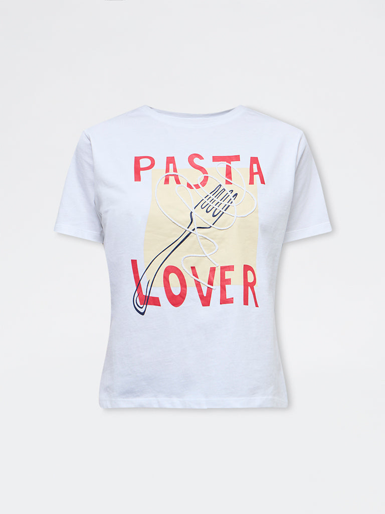 LOV White Graphic Printed Cotton T-Shirt