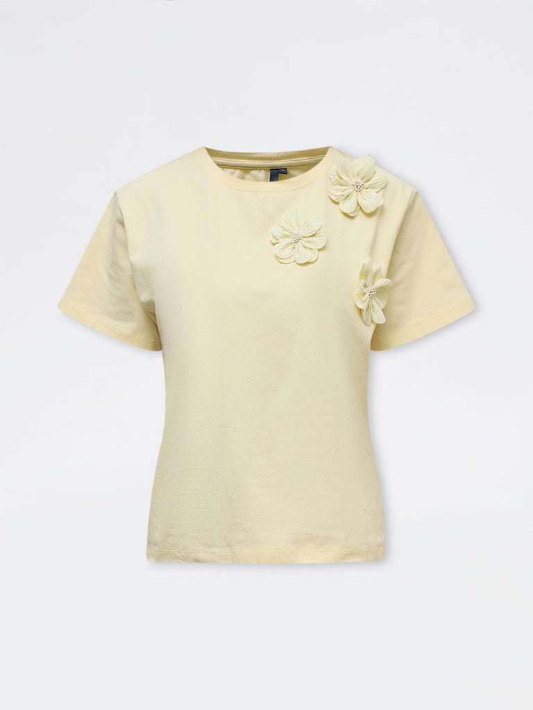 LOV Yellow Floral Applique Cotton-Blend T-Shirt