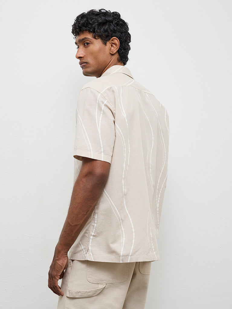 WES Casuals Beige Abstract Relaxed-Fit Cotton-Blend Shirt