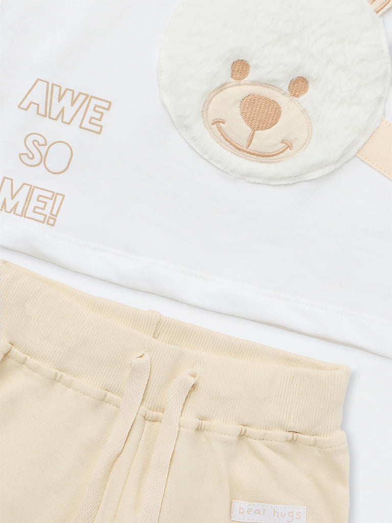 HOP Baby Boys White Bear Design Cotton T-Shirt and Pants Set