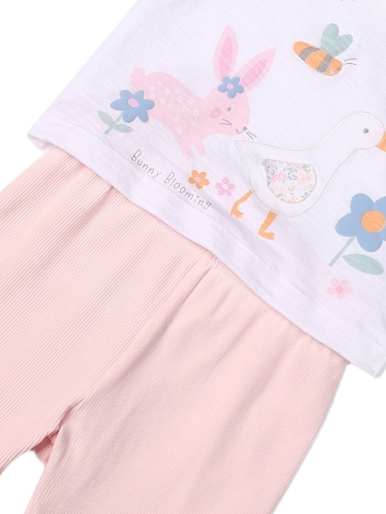 HOP Baby Girls White Printed Cotton Top and Pants Set