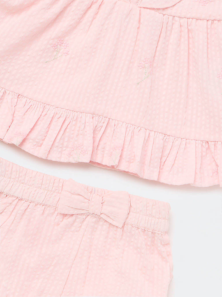 HOP Baby Girls Pink Textured A-Line Cotton Dress with Shorts Set